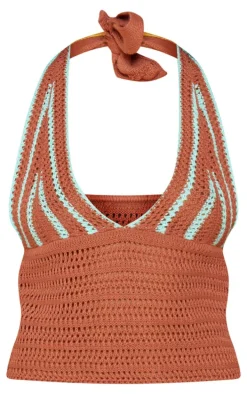 Mocha Stripe Crochet Knit Plunge Crop Top