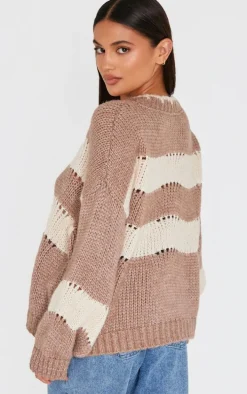Mocha Stripe Distressed Detail Chunky Knit Sweater