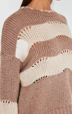 Mocha Stripe Distressed Detail Chunky Knit Sweater