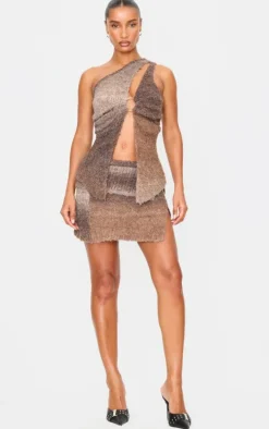 Mocha Stripe Textured Knit O Ring Asymmetric Cut Out Top