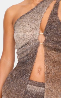 Mocha Stripe Textured Knit O Ring Asymmetric Cut Out Top