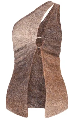 Mocha Stripe Textured Knit O Ring Asymmetric Cut Out Top