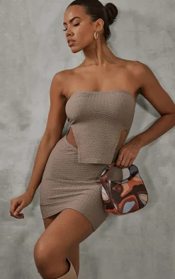 Mocha Textured Bandeau Stirrup Hem Bodycon Dress