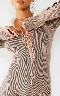 Mocha Two Tone Lace Up Faux Fur Knit Romper
