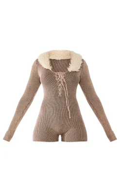 Mocha Two Tone Lace Up Faux Fur Knit Romper