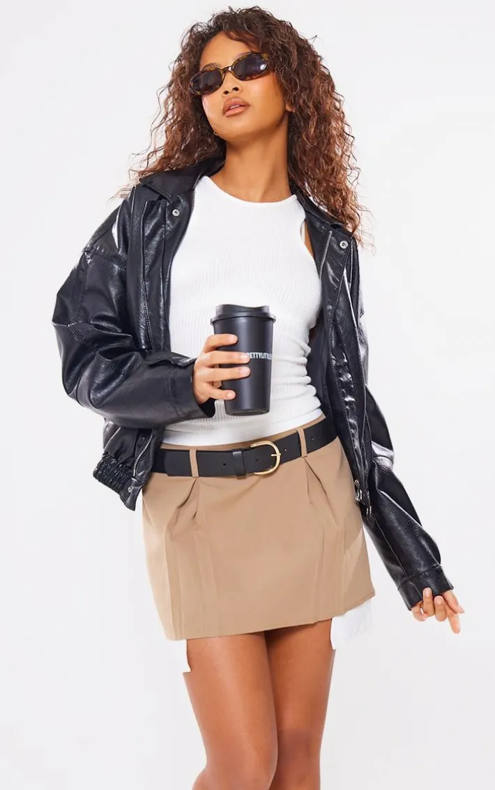 Mocha Woven Box Pleated Shirt Detail Skater Skirt