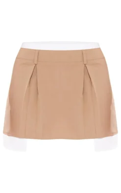 Mocha Woven Box Pleated Shirt Detail Skater Skirt
