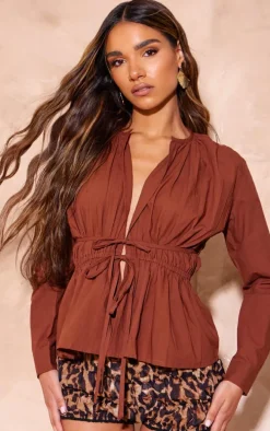 Mocha Woven Double Tie Shirred Top