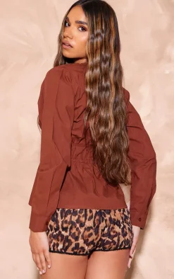 Mocha Woven Double Tie Shirred Top