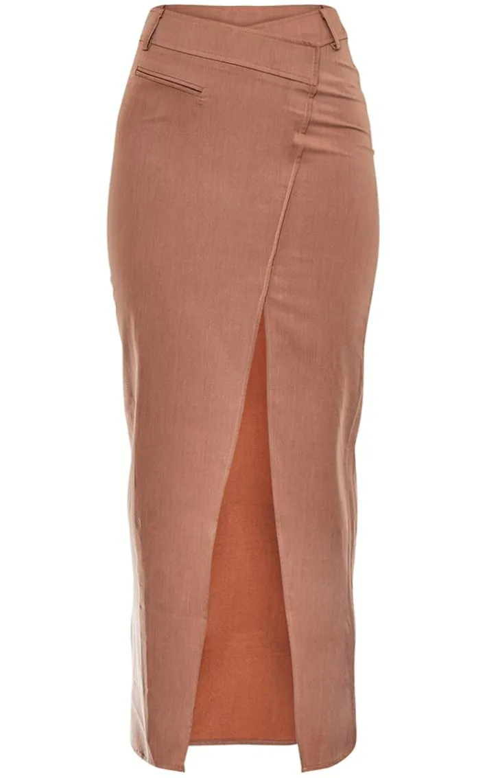 Mocha Woven Tailored Asymmetric Maxi Skirt