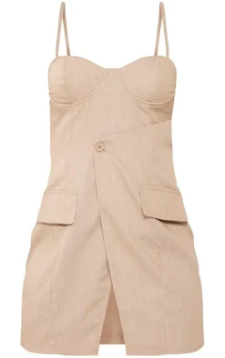 Mocha Woven Tailored Pocket Detail Wrap Front Mini Dress