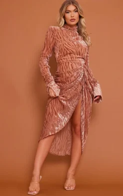 Mocha Zebra Devore High Neck Draped Midi Dress