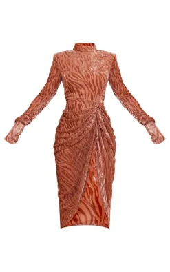 Mocha Zebra Devore High Neck Draped Midi Dress