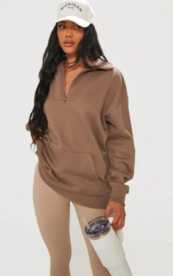 Mocha Zip Up Pocket Detail Sweatshirt