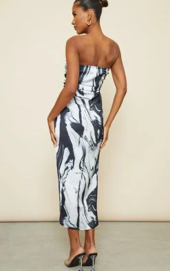 Monochrome Abstract Print Satin Bandeau Ruched Detail Midaxi Dress