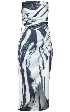 Monochrome Abstract Print Satin Bandeau Ruched Detail Midaxi Dress