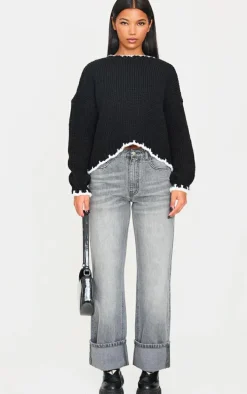 Monochrome Blanket Stitch Oversized Knit Sweater