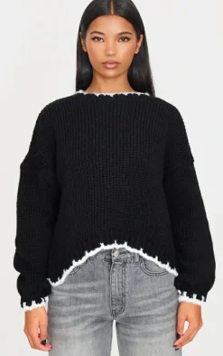 Monochrome Blanket Stitch Oversized Knit Sweater