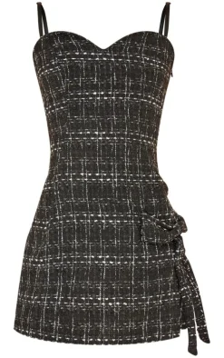 Monochrome Boucle Strappy Bow Detail Bodycon Dress
