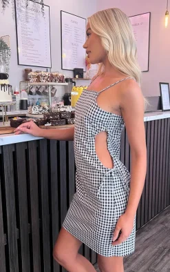 Monochrome Check Cut Out Ruched Side Bodycon Dress