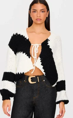 Monochrome Chunky Knit Tie Front Cardigan