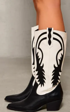 Monochrome Contrast Pu Point Toe Knee High Western Boots