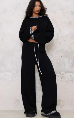 Monochrome Contrast Stitch Detail Knit Drawstring Waist Pants