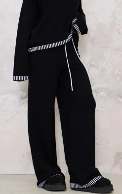 Monochrome Contrast Stitch Detail Knit Drawstring Waist Pants