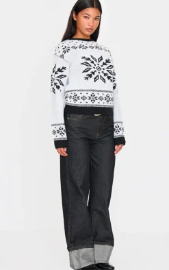 Monochrome Fairisle Printed Oversized Knitted Christmas Sweater