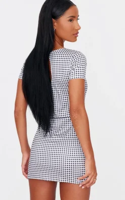 Monochrome Gingham Print Cap Sleeve Slinky Skort Romper
