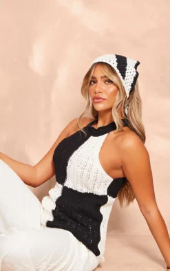 Monochrome High Neck Contrast Crochet Knit Top