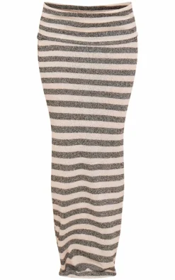 Monochrome Knitted Stripe Foldover Waistband Low Rise Maxi Skirt