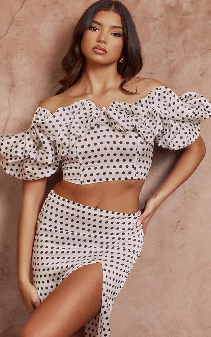 Monochrome Polka Dot Ruffle Detail Top