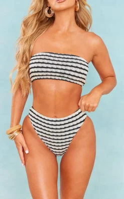 Monochrome Printed Crinkle High Waist High Leg Bikini Bottoms