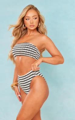 Monochrome Printed Crinkle High Waist High Leg Bikini Bottoms