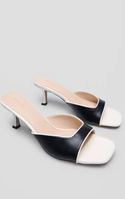Monochrome PU Square Toe Contrast Heeled Mules