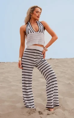Monochrome Stripe Crochet Knit Plunge Crop Top