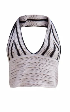 Monochrome Stripe Crochet Knit Plunge Crop Top