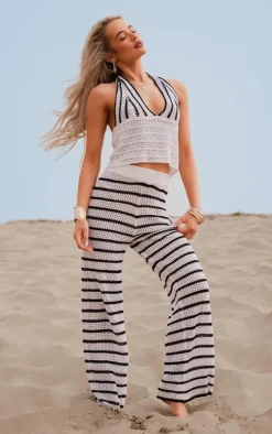 Monochrome Stripe Crochet Knit Wide Leg Pants