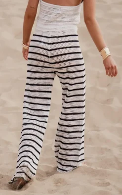 Monochrome Stripe Crochet Knit Wide Leg Pants