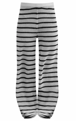Monochrome Stripe Crochet Knit Wide Leg Pants