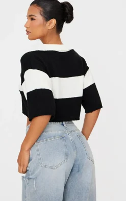 Monochrome Stripe Knit V Neck Cropped Rugby Top