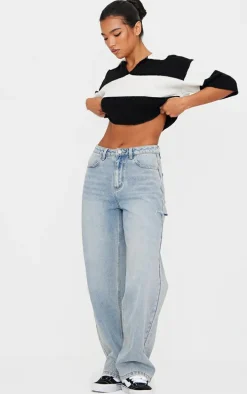 Monochrome Stripe Knit V Neck Cropped Rugby Top