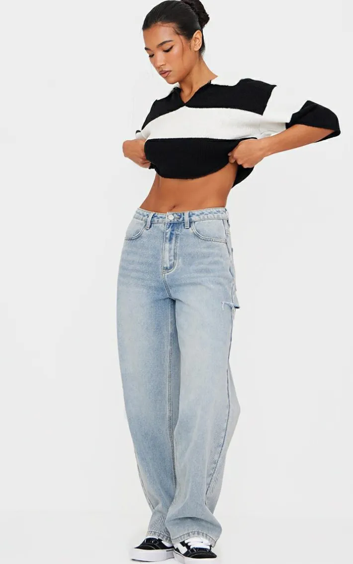 Monochrome Stripe Knit V Neck Cropped Rugby Top