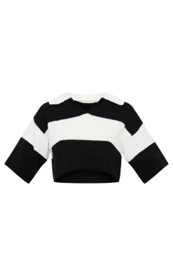 Monochrome Stripe Knit V Neck Cropped Rugby Top