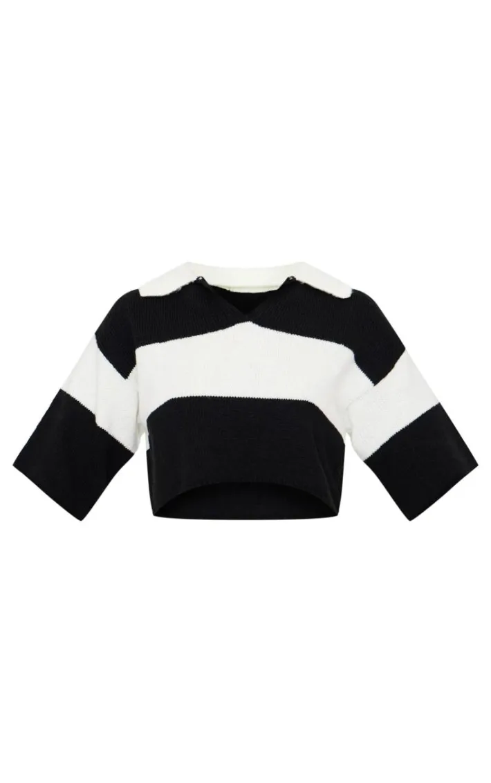 Monochrome Stripe Knit V Neck Cropped Rugby Top