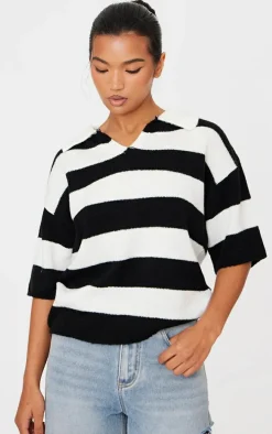 Monochrome Stripe Knit V Neck Oversized Rugby Top
