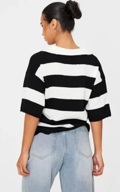 Monochrome Stripe Knit V Neck Oversized Rugby Top