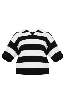Monochrome Stripe Knit V Neck Oversized Rugby Top
