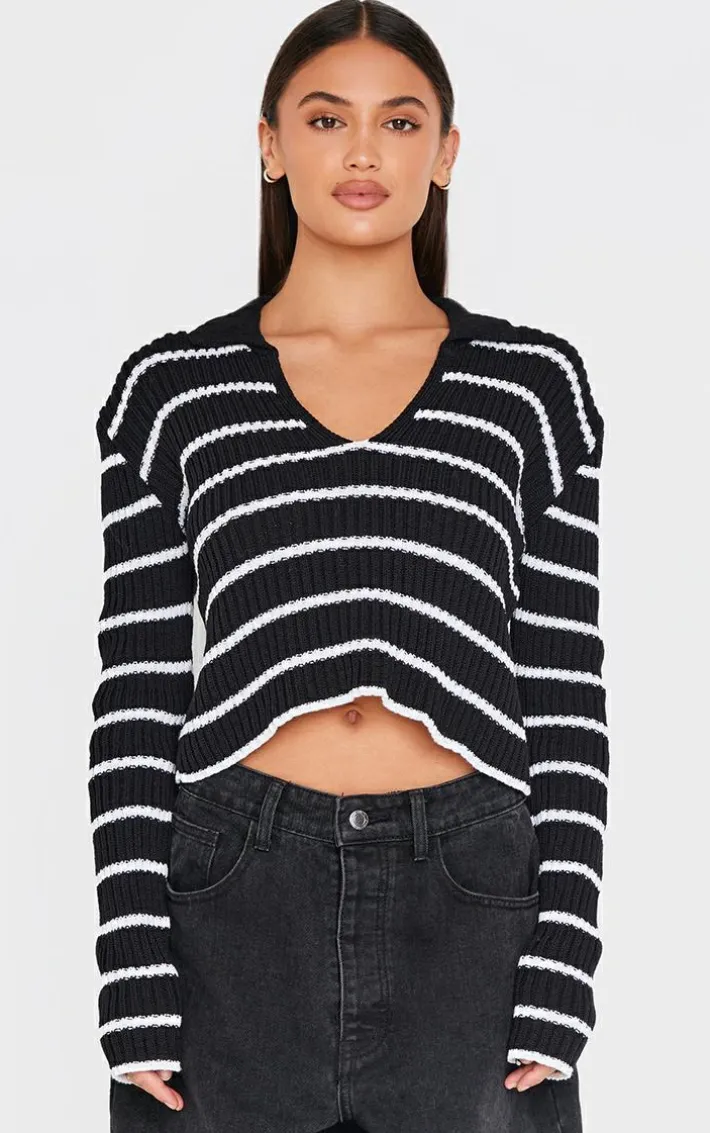 Monochrome Stripe Rib Knit V Neck Cropped Polo